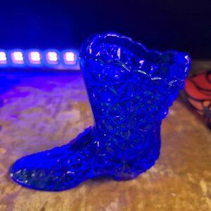 Fenton Colonial Cobalt Blue Glass Boot Daisy and Button Shoe with Logo Imprint